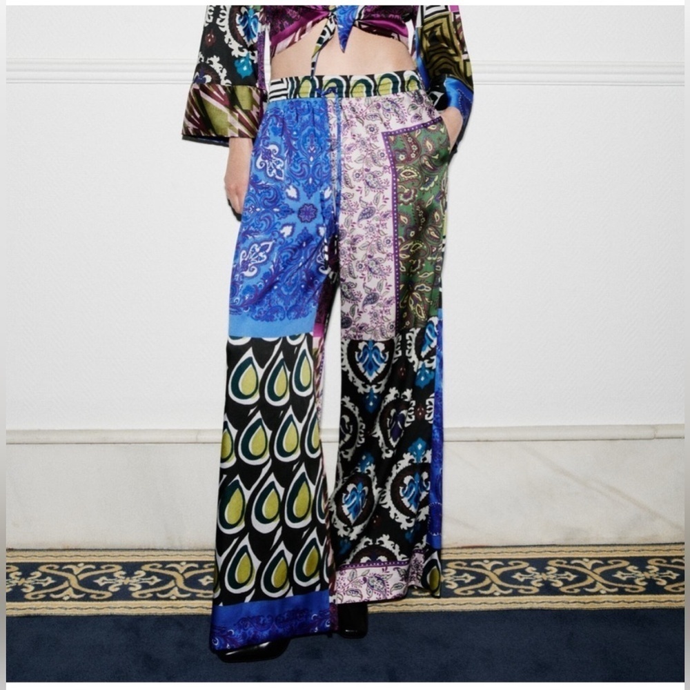 Zara Patchwork Print Pants Pajama Style Flowy Blue Purple (Size XS)